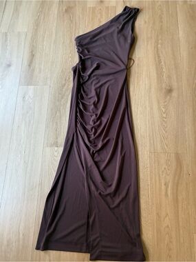 Zara One-Shoulder Ruched Maxi Dress - Chocolate Brown